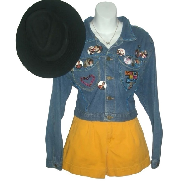 Vintage 80s Jack Mulqueen Cropped Denim New Kids NKOTB Concert Pins Jacket Jean - Picture 3 of 16